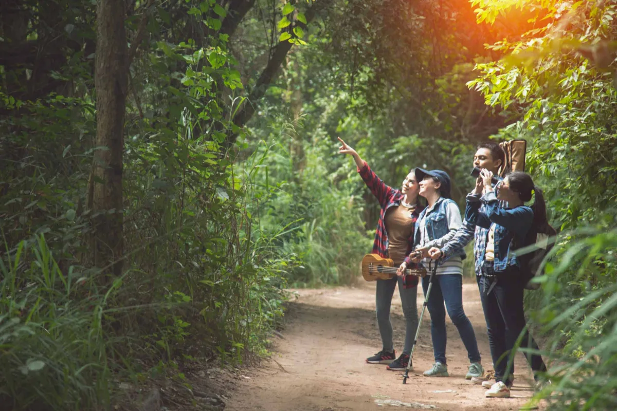 Planning A Family Safari in Uganda With Kids - a family hiking in Uganda's rainforest jungles